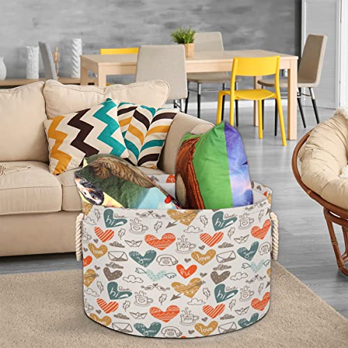 Love Heart Birds Letter Pattern Large Round Baskets for Storage Laundry Baskets with Handles Blanket Storage Basket for Bathroom Shelves Bins for Organizing Nursery Hamper Girl Boy