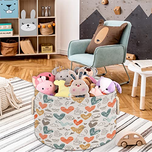 Love Heart Birds Letter Pattern Large Round Baskets for Storage Laundry Baskets with Handles Blanket Storage Basket for Bathroom Shelves Bins for Organizing Nursery Hamper Girl Boy