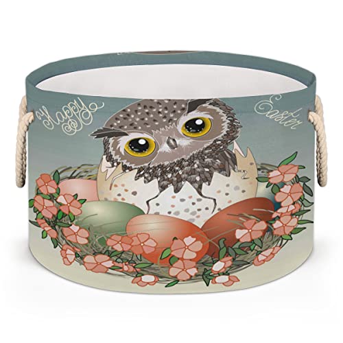 Easter Egg Cute Owl Large Round Baskets for Storage Laundry Baskets with Handles Blanket Storage Basket for Bathroom Shelves Bins for Organizing Nursery Hamper Girl Boy