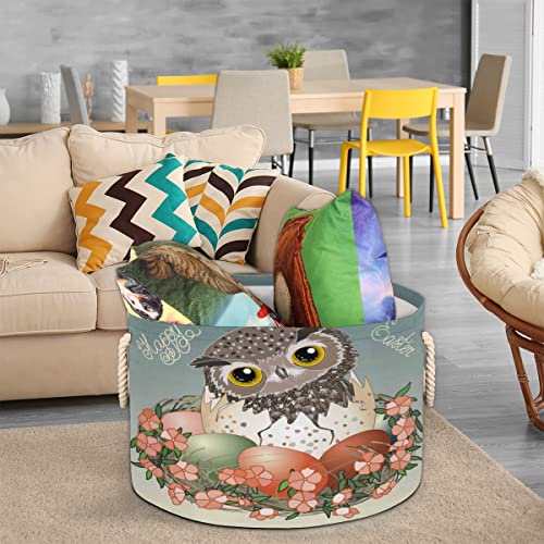 Easter Egg Cute Owl Large Round Baskets for Storage Laundry Baskets with Handles Blanket Storage Basket for Bathroom Shelves Bins for Organizing Nursery Hamper Girl Boy