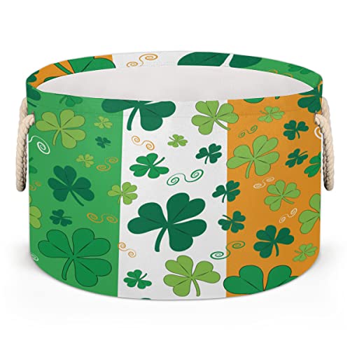 Shamrocks On Irish Flag Large Round Baskets for Storage Laundry Baskets with Handles Blanket Storage Basket for Bathroom Shelves Bins for Organizing Nursery Hamper Girl Boy