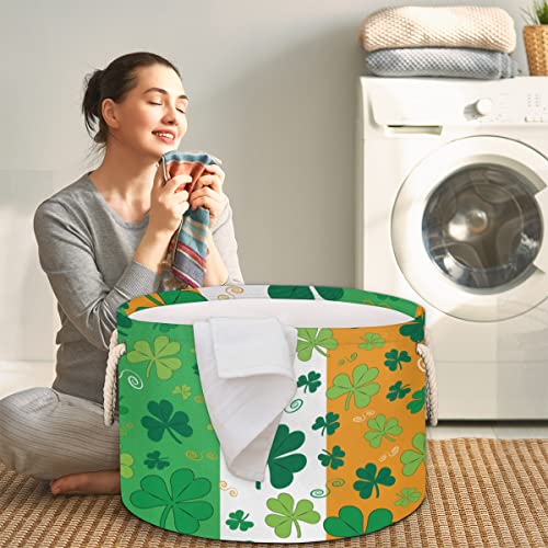 Shamrocks On Irish Flag Large Round Baskets for Storage Laundry Baskets with Handles Blanket Storage Basket for Bathroom Shelves Bins for Organizing Nursery Hamper Girl Boy