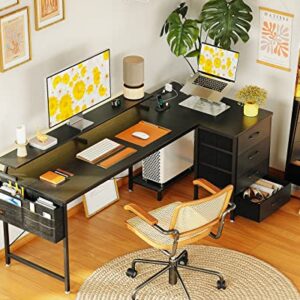ODK 63 inch L Shaped Computer Desk with USB Charging Port & Power Outlet, Gaming Desk Corner Desk with 4 Tier Drawer & Monitor Shelf for Home Office Workstation, Modern Style Writing Table, Black