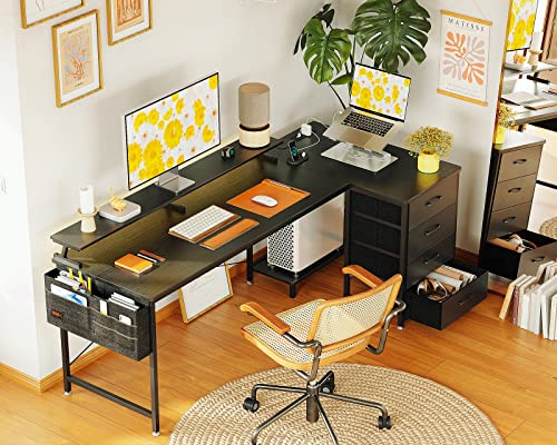 ODK 63 inch L Shaped Computer Desk with USB Charging Port & Power Outlet, Gaming Desk Corner Desk with 4 Tier Drawer & Monitor Shelf for Home Office Workstation, Modern Style Writing Table, Black