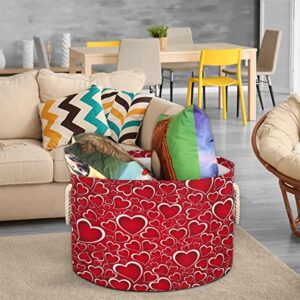 Valentine's Day Red Hearts Large Round Baskets for Storage Laundry Baskets with Handles Blanket Storage Basket for Bathroom Shelves Bins for Organizing Nursery Hamper Girl Boy