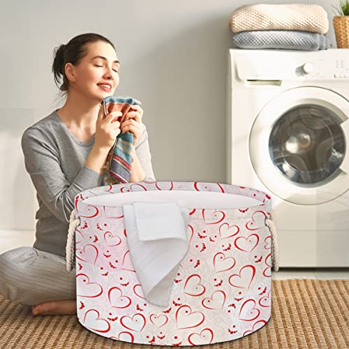 Red Valentines Day Love Heart (6) Large Round Baskets for Storage Laundry Baskets with Handles Blanket Storage Basket for Bathroom Shelves Bins for Organizing Nursery Hamper Girl Boy