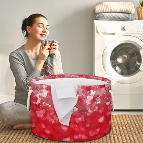 Red Valentines Day Love Heart (7) Large Round Baskets for Storage Laundry Baskets with Handles Blanket Storage Basket for Bathroom Shelves Bins for Organizing Nursery Hamper Girl Boy