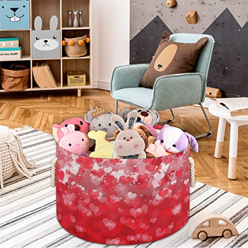 Red Valentines Day Love Heart (7) Large Round Baskets for Storage Laundry Baskets with Handles Blanket Storage Basket for Bathroom Shelves Bins for Organizing Nursery Hamper Girl Boy