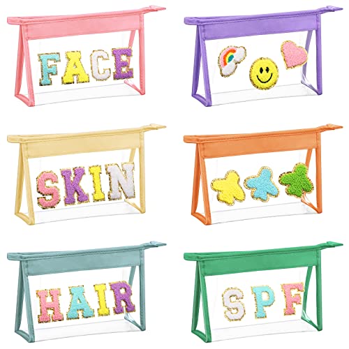 6 Pcs Clear Preppy Patch Makeup Bag Nylon Cosmetic Bag PVC Zipper Varsity Letter Toiletry Bag Multipurpose Makeup Bag for Purse Skin Care Bag Travel Pouches for Toiletry Preppy Organizer (Cute Color)