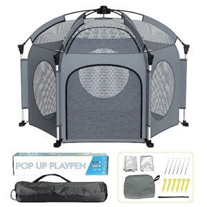portable playpen for babies and toddlers - probebi pop up playpen for baby with three sun-shade, lightweight outdoor play yard - beach playpen with travel bag - for home & indoor use - grey
