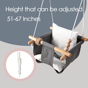 Baby Swing Seat, Secure Canvas and Wooden Hanging Swing Chair for Baby, Infant, Toddler, Kids Toys - Indoor and Temporary Outdoor Hammock for Indoor Playground, Tree Swings or Backyard, Grey