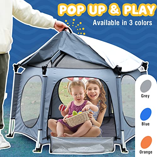 Portable Playpen for Babies and Toddlers - PRObebi Pop Up Playpen for Baby with Three Sun-Shade, Lightweight Outdoor Play Yard - Beach Playpen with Travel Bag - for Home & Indoor Use - Grey