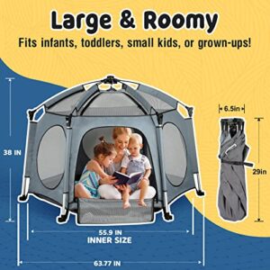 Portable Playpen for Babies and Toddlers - PRObebi Pop Up Playpen for Baby with Three Sun-Shade, Lightweight Outdoor Play Yard - Beach Playpen with Travel Bag - for Home & Indoor Use - Grey