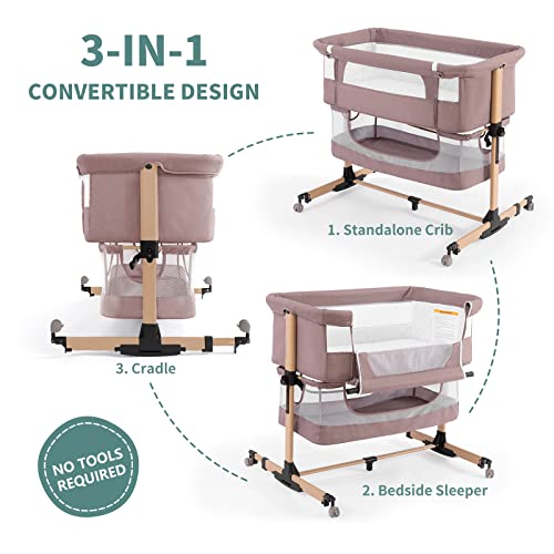 Lamberia Baby Bassinet, Bedside Sleeper Adjustable Bedside Crib with Storage Basket, Easy Folding Portable Baby Bed for Infant/Newborn (Khaki)