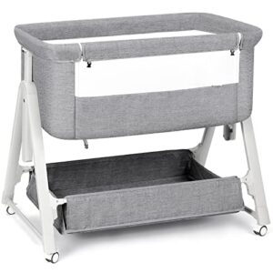 cowiewie baby bassinets,bedside sleeper for baby/infants with storage basket, easy to assemble bassinet for newborn/infant, adjustable bedside crib,safe portable baby bed,travel bag included(grey)