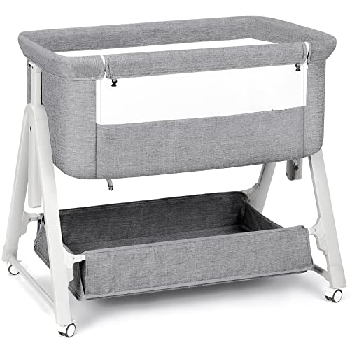 Cowiewie Baby Bassinets,Bedside Sleeper for Baby/Infants with Storage Basket, Easy to Assemble Bassinet for Newborn/Infant, Adjustable Bedside Crib,Safe Portable Baby Bed,Travel Bag Included(Grey)