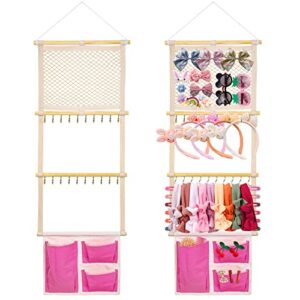 bow holder for girls hair bows, ideashop hair bows organizer for girls headband holder with 3 storage bags 20 hanging hooks, baby toddler hair accessories organizer for wall, room, door, closet, decor