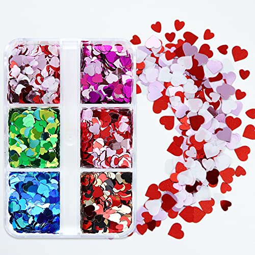 Heart Nail Glitter Sequins Set of 6 Colors Holographic Heart Nail Confetti 3D Colorful Heart Shape Nail Decals Flakes Ultra-Thin Nail Accessory Glitters for Nail Art Decor Valentine’s Day Decorations