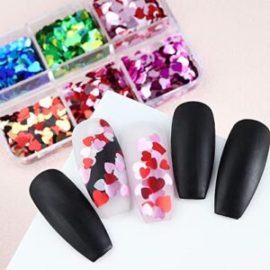 Heart Nail Glitter Sequins Set of 6 Colors Holographic Heart Nail Confetti 3D Colorful Heart Shape Nail Decals Flakes Ultra-Thin Nail Accessory Glitters for Nail Art Decor Valentine’s Day Decorations