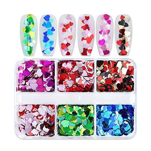 Heart Nail Glitter Sequins Set of 6 Colors Holographic Heart Nail Confetti 3D Colorful Heart Shape Nail Decals Flakes Ultra-Thin Nail Accessory Glitters for Nail Art Decor Valentine’s Day Decorations