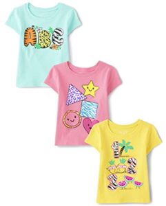 the children's place baby toddler girls short sleeve graphic t-shirt 3-pack, educational, 3t
