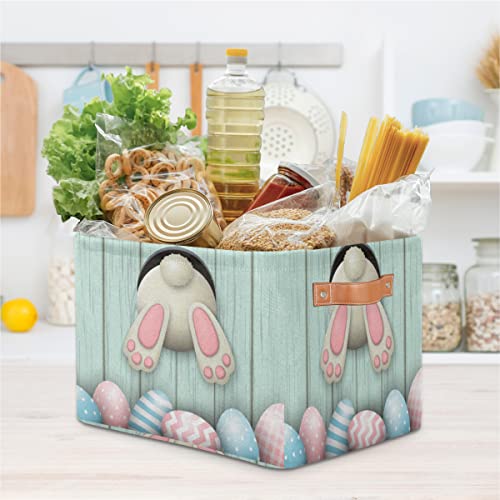 UOYO Easter Eggs Basket Bunny Tail Rabbit Wooden Large Storage Basket Bin With Handles Fabric Toys Box Collapsible Closet Shelf Blanket Organizer Basket Decorative for Nursery Bedroom Kids Room