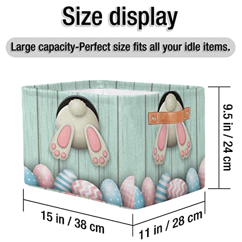 UOYO Easter Eggs Basket Bunny Tail Rabbit Wooden Large Storage Basket Bin With Handles Fabric Toys Box Collapsible Closet Shelf Blanket Organizer Basket Decorative for Nursery Bedroom Kids Room