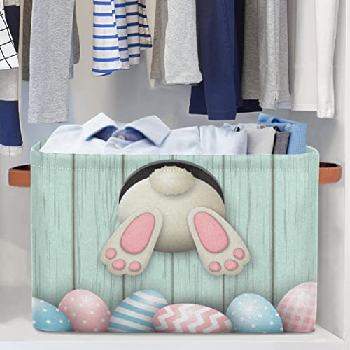 UOYO Easter Eggs Basket Bunny Tail Rabbit Wooden Large Storage Basket Bin With Handles Fabric Toys Box Collapsible Closet Shelf Blanket Organizer Basket Decorative for Nursery Bedroom Kids Room