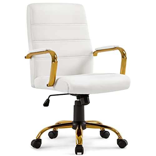 Topeakmart Office Desk Chair Mid-Back Adjustable Chair PU Leather Executive Chair w/Gold Frame White Seat