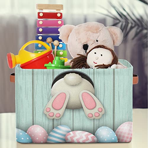 UOYO Easter Eggs Basket Bunny Tail Rabbit Wooden Large Storage Basket Bin With Handles Fabric Toys Box Collapsible Closet Shelf Blanket Organizer Basket Decorative for Nursery Bedroom Kids Room