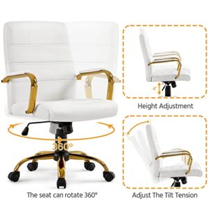 Topeakmart Office Desk Chair Mid-Back Adjustable Chair PU Leather Executive Chair w/Gold Frame White Seat