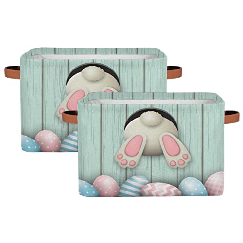 UOYO Easter Eggs Basket Bunny Tail Rabbit Wooden Large Storage Basket Bin With Handles Fabric Toys Box Collapsible Closet Shelf Blanket Organizer Basket Decorative for Nursery Bedroom Kids Room