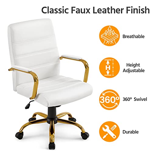 Topeakmart Office Desk Chair Mid-Back Adjustable Chair PU Leather Executive Chair w/Gold Frame White Seat