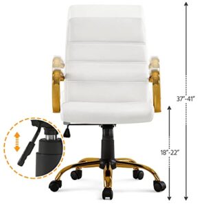 Topeakmart Office Desk Chair Mid-Back Adjustable Chair PU Leather Executive Chair w/Gold Frame White Seat