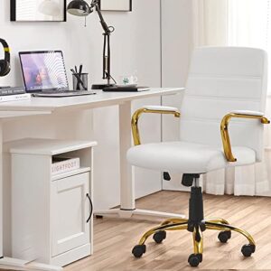 Topeakmart Office Desk Chair Mid-Back Adjustable Chair PU Leather Executive Chair w/Gold Frame White Seat