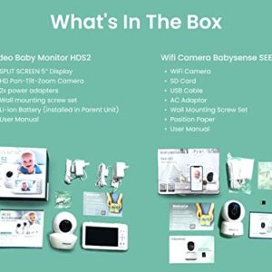 Babysense HD Video Baby Monitor Bundle - Full HD 1080p WiFi Nanny Camera (App & SD Card Included) and Separate Non-WiFi Baby Monitor with Camera and Dedicated 5" HD 720p Display for Home Monitoring