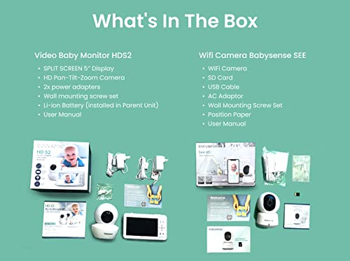 Babysense HD Video Baby Monitor Bundle - Full HD 1080p WiFi Nanny Camera (App & SD Card Included) and Separate Non-WiFi Baby Monitor with Camera and Dedicated 5" HD 720p Display for Home Monitoring