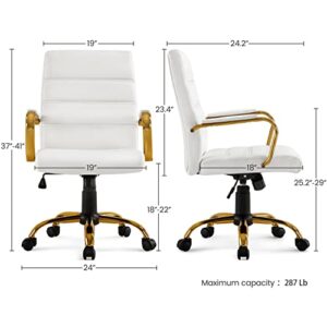 Topeakmart Office Desk Chair Mid-Back Adjustable Chair PU Leather Executive Chair w/Gold Frame White Seat