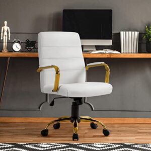 Topeakmart Office Desk Chair Mid-Back Adjustable Chair PU Leather Executive Chair w/Gold Frame White Seat