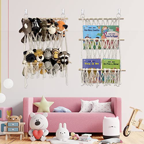 Stuffed Animal Net or Hammock Hanging Corner Net for Small Stuffed Animal Toy Storage Net Stuffed Animals Hammock Holder with Hooks for Door Wall Hanging Toy Organizer Holder for Nursery Kids Room