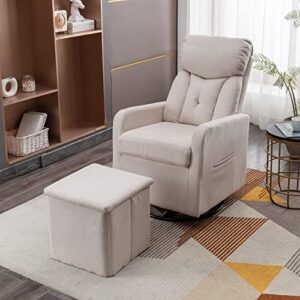 taiweny swivel rocking chair with storage ottoman, linen fabric upholstered glider rocker armchair and folding foot stool for nursery, bedroom, living room, home office (beige)