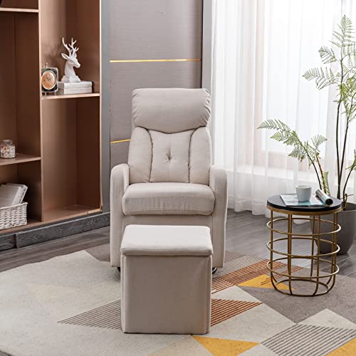 Taiweny Swivel Rocking Chair with Storage Ottoman, Linen Fabric Upholstered Glider Rocker Armchair and Folding Foot Stool for Nursery, Bedroom, Living Room, Home Office (Beige)