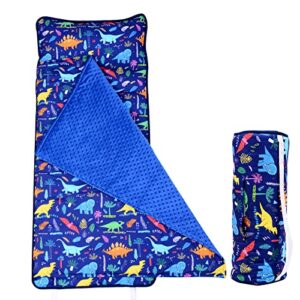 cloele dinosaur toddler nap mat with reusable pillow and minky blanket - kids sleeping bag for boys 50"x20" blue kids preschool nap sack - soft perfect for kindergarten sleeping mat travel sleepovers