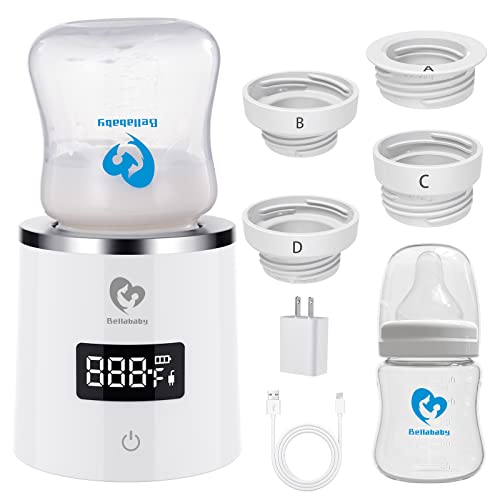 Portable Bottle Warmer, Bellababy Cordless Rechargeable Baby Bottle Warmer for Travel, with Bottle & 4 Leak-Proof Adapters, 4 Accurate Temperature Adjustable for Breastmilk or Formula