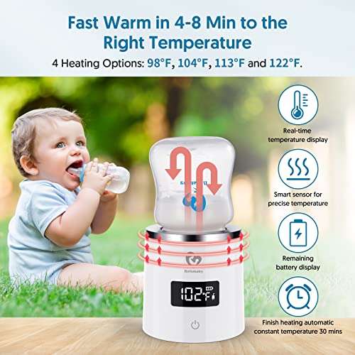 Portable Bottle Warmer, Bellababy Cordless Rechargeable Baby Bottle Warmer for Travel, with Bottle & 4 Leak-Proof Adapters, 4 Accurate Temperature Adjustable for Breastmilk or Formula