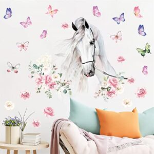 White Horses Wall Decals Farm Animal Decals Peel and Stick Wild Horse Wall Decor Butterfly Flowers Wall Stickers Horses Wall Art Mural for Living Room Kids Bedroom Nursery Farmhouse Office Decor Gift