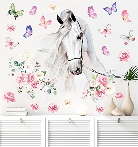 White Horses Wall Decals Farm Animal Decals Peel and Stick Wild Horse Wall Decor Butterfly Flowers Wall Stickers Horses Wall Art Mural for Living Room Kids Bedroom Nursery Farmhouse Office Decor Gift