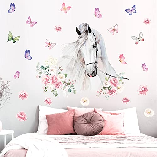 White Horses Wall Decals Farm Animal Decals Peel and Stick Wild Horse Wall Decor Butterfly Flowers Wall Stickers Horses Wall Art Mural for Living Room Kids Bedroom Nursery Farmhouse Office Decor Gift