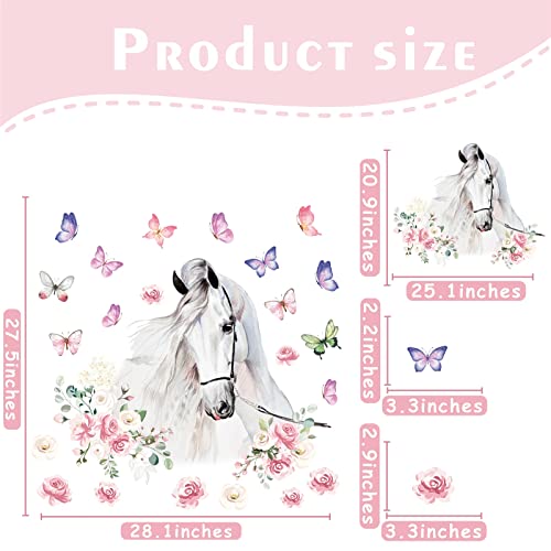 White Horses Wall Decals Farm Animal Decals Peel and Stick Wild Horse Wall Decor Butterfly Flowers Wall Stickers Horses Wall Art Mural for Living Room Kids Bedroom Nursery Farmhouse Office Decor Gift