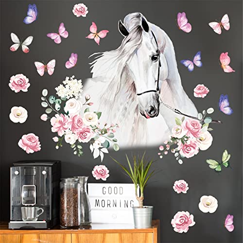 White Horses Wall Decals Farm Animal Decals Peel and Stick Wild Horse Wall Decor Butterfly Flowers Wall Stickers Horses Wall Art Mural for Living Room Kids Bedroom Nursery Farmhouse Office Decor Gift